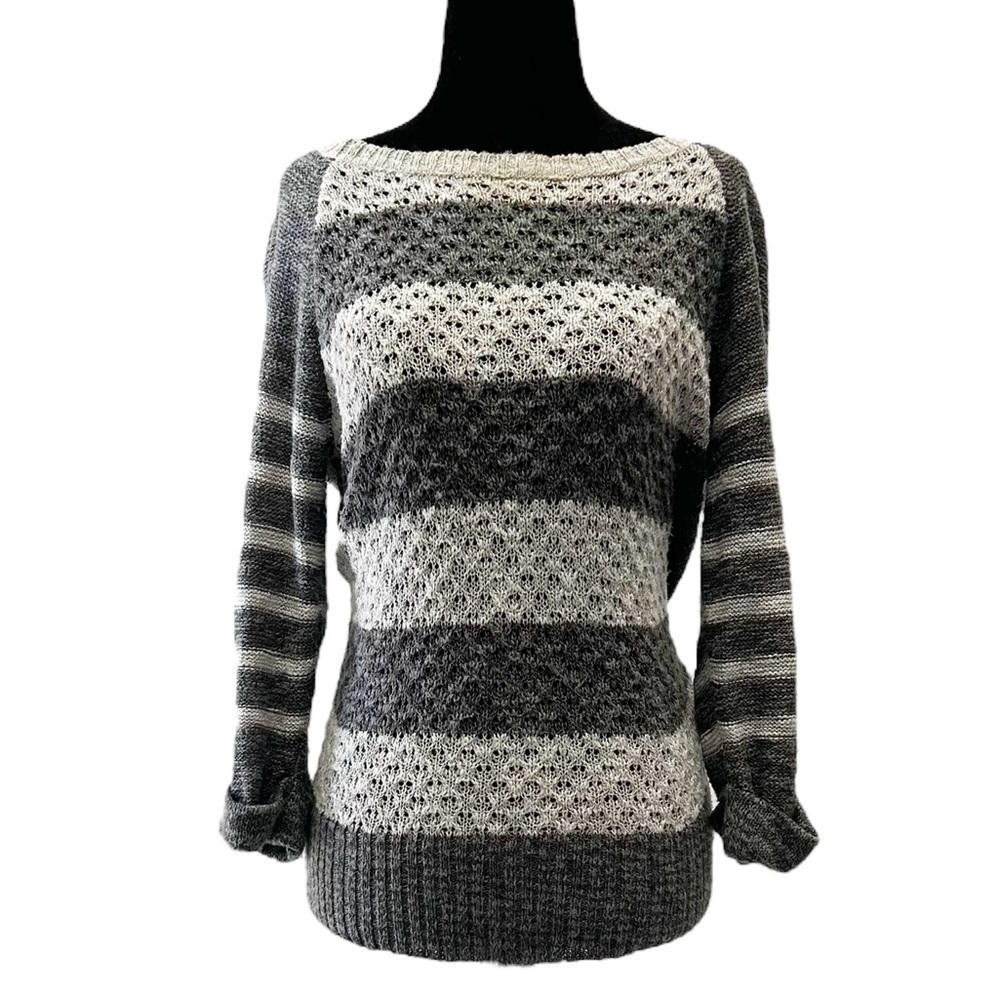 Ricki’s Sweater Lightweight Open Weave Cotton Grey Stripes Size Small